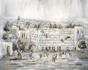 Jewish Abstract painting Grey White Gold Western Wall